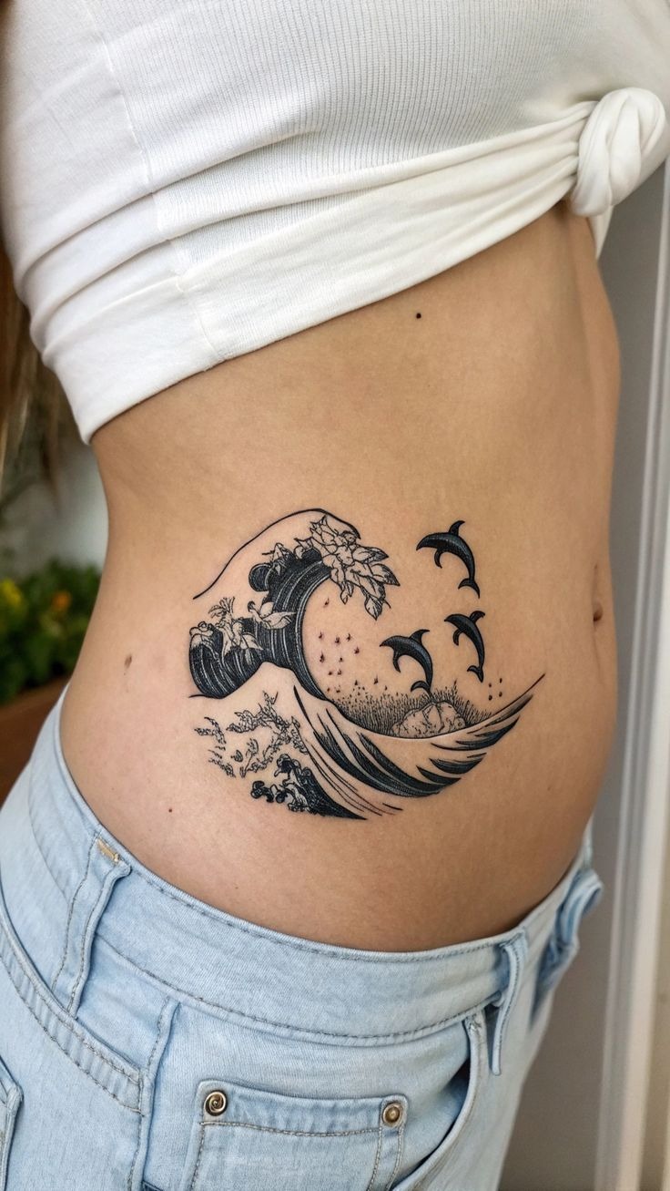 Minimalist Wave and Dolphin Side Tattoo Tattoo Design