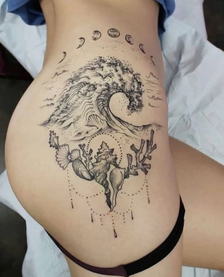 Moon and Wave Back Design Tattoo Design