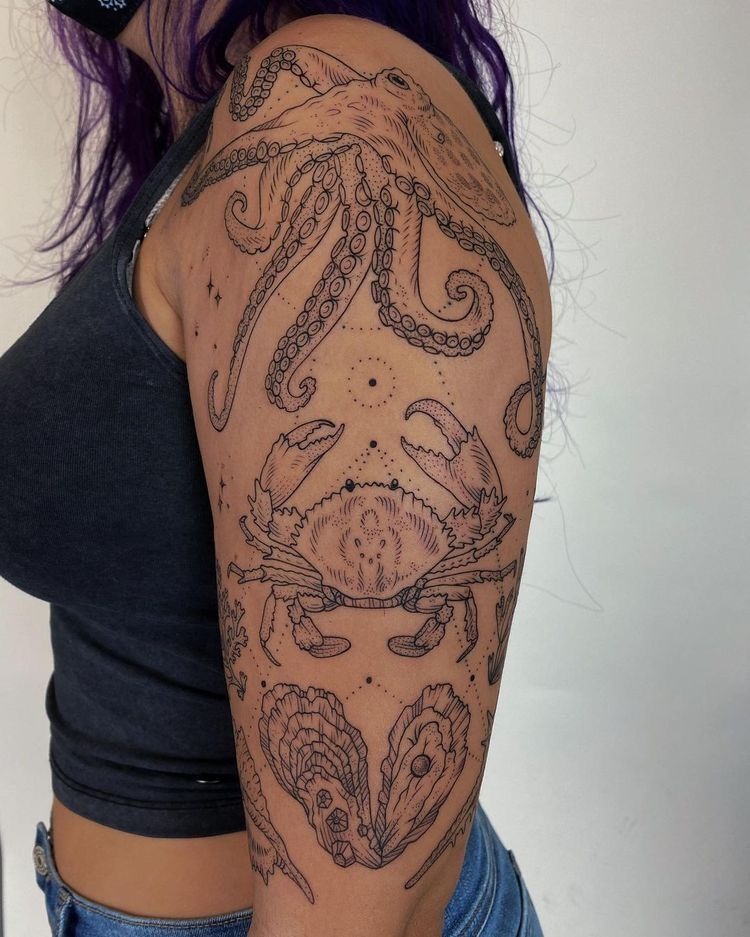 Octopus and Crab Ocean Sleeve Tattoo Design
