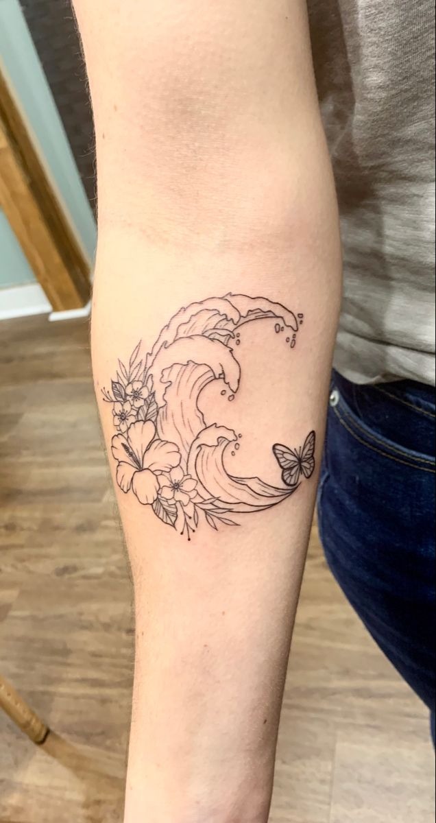 Simple Wave with Butterfly Accent Tattoo Design