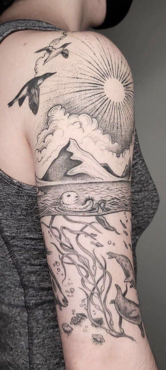 Sun, Mountains, and Ocean Half Sleeve Tattoo Design