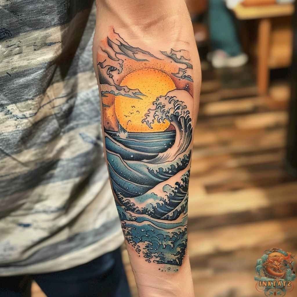 Traditional Sunset Wave Forearm Tattoo Tattoo Design