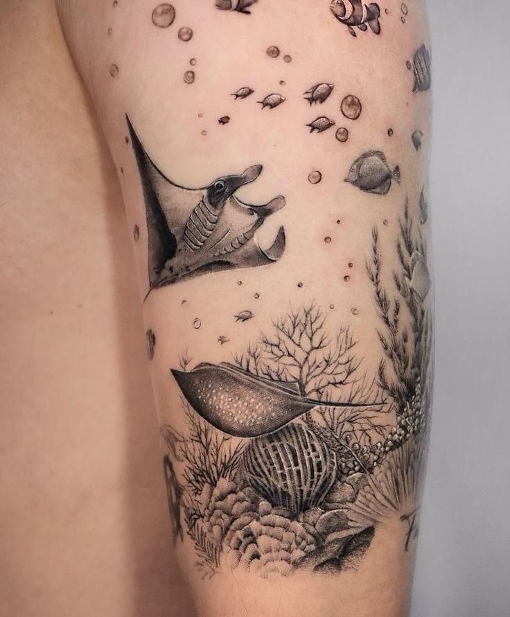 Underwater Fine Line Reef Scene Tattoo Design