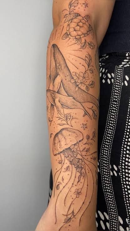 Whale, Turtle and Jellyfish Sleeve Tattoo Design
