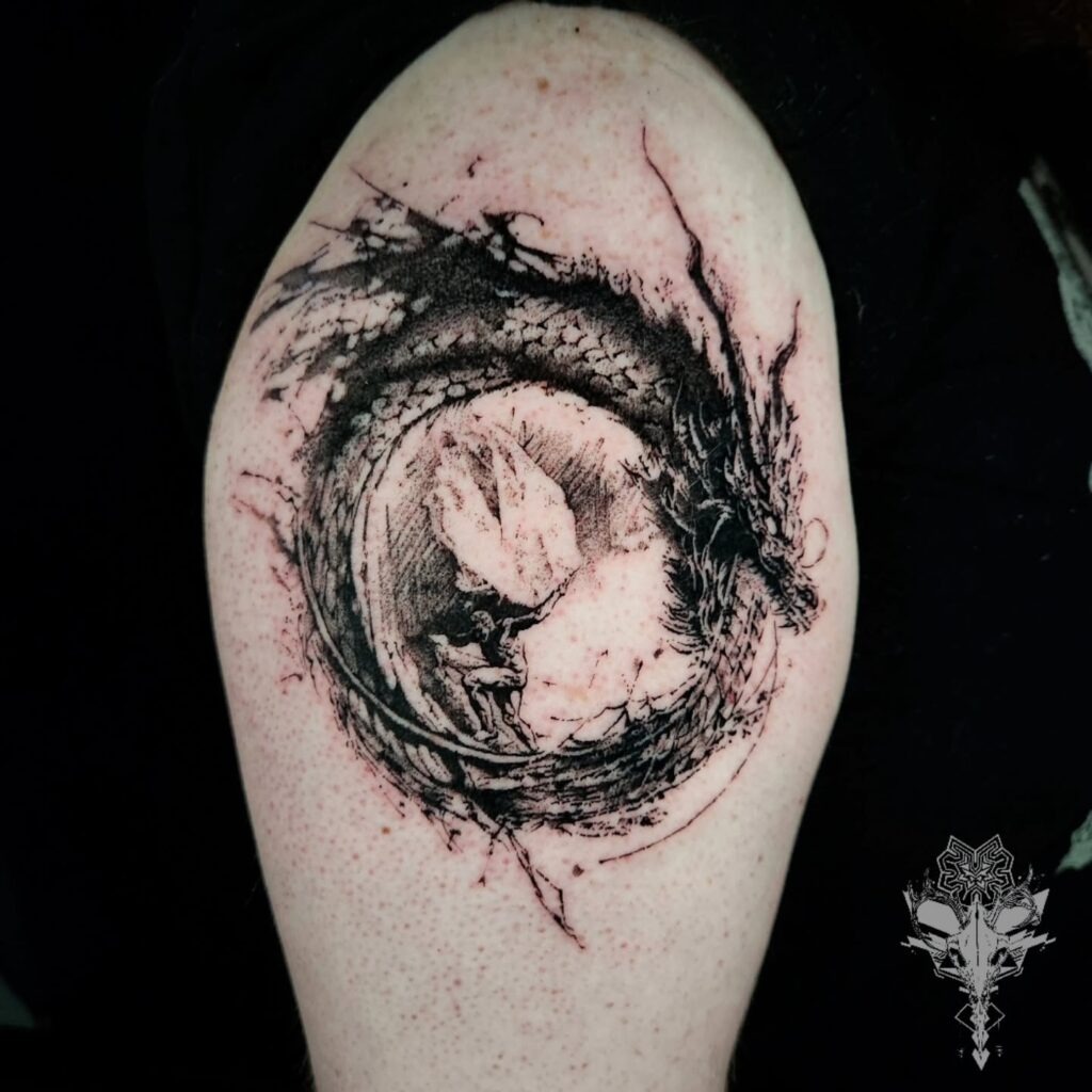 Blue Dragon Ouroboros Tattoo with Norse Symbols and Moons Tattoo Design