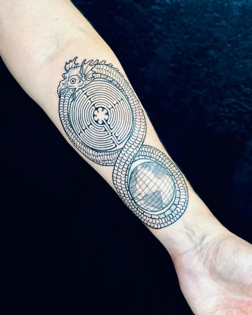 Fierce Hand Ouroboros Tattoo with Interwoven Bands Tattoo Design