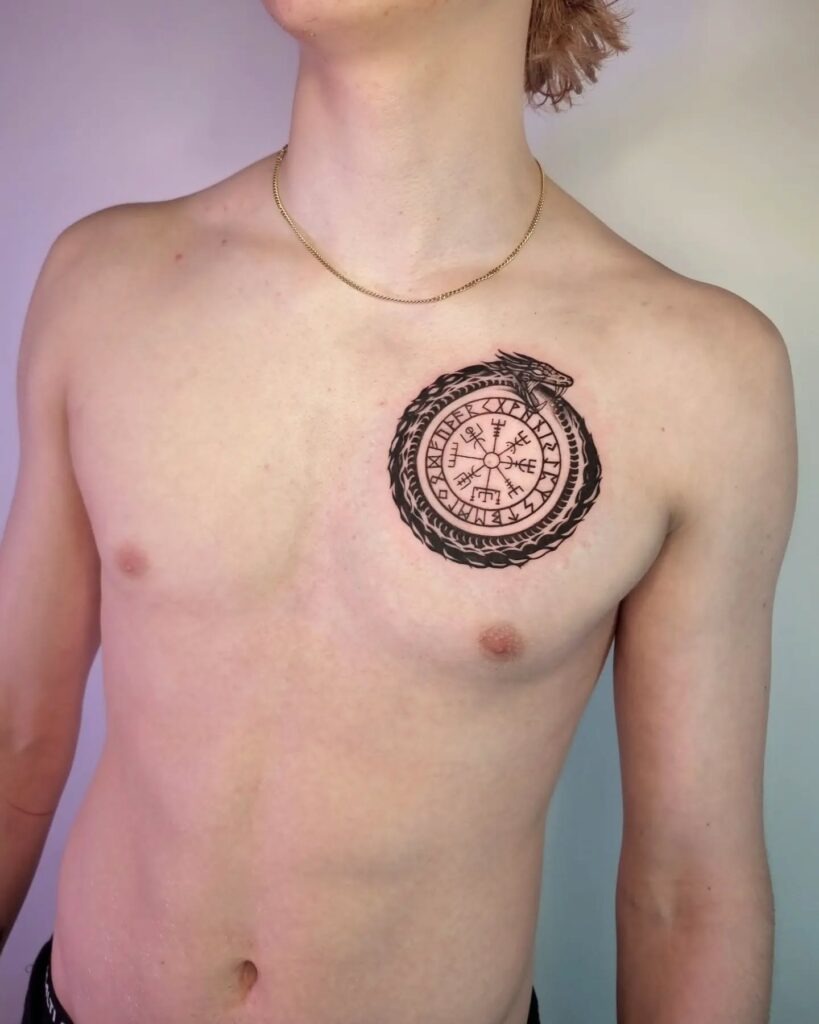 Norse Ouroboros Chest Tattoo with Vegvisir Tattoo Design