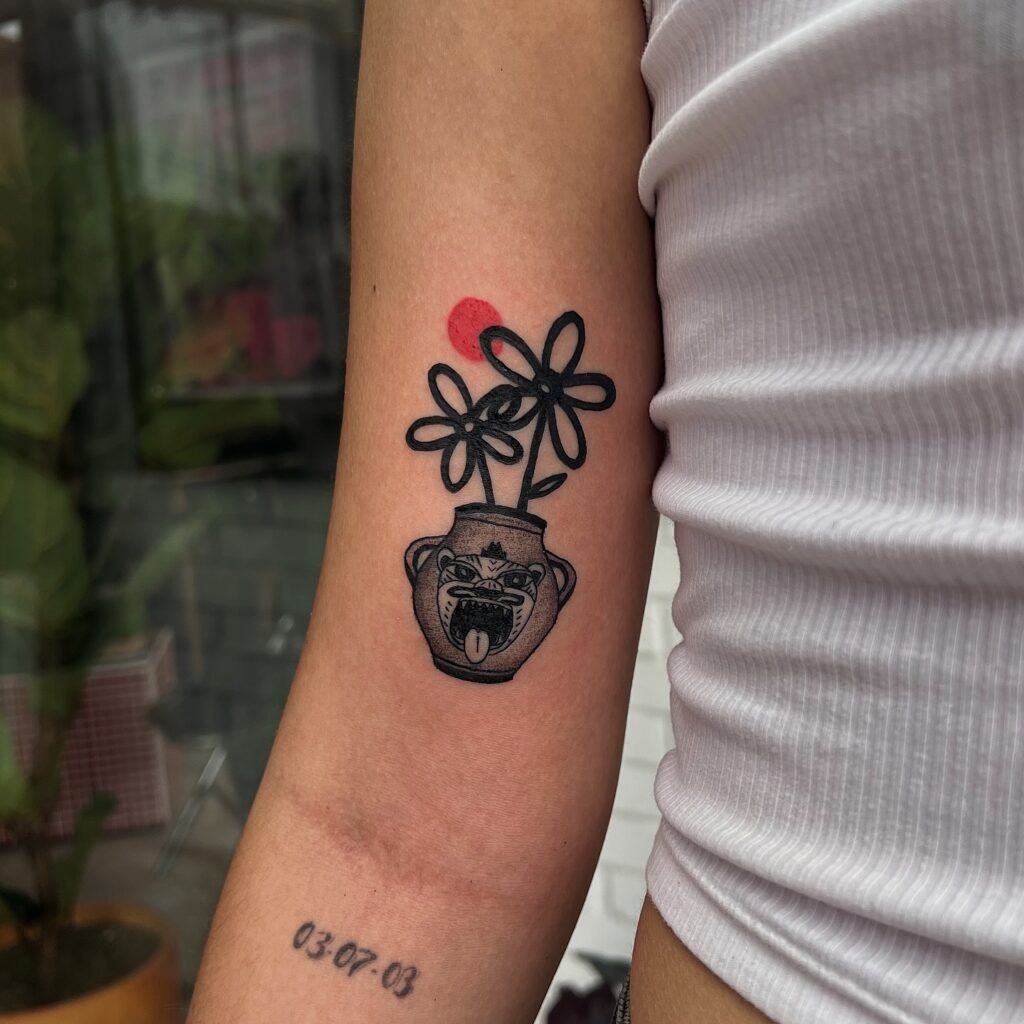 Angry Vase with Flowers Stick and Poke Tattoo Tattoo Design
