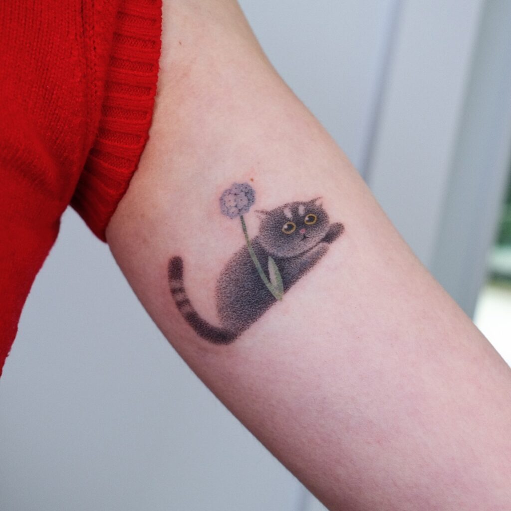 Dotted Cat and Flower Stick and Poke Tattoo Tattoo Design