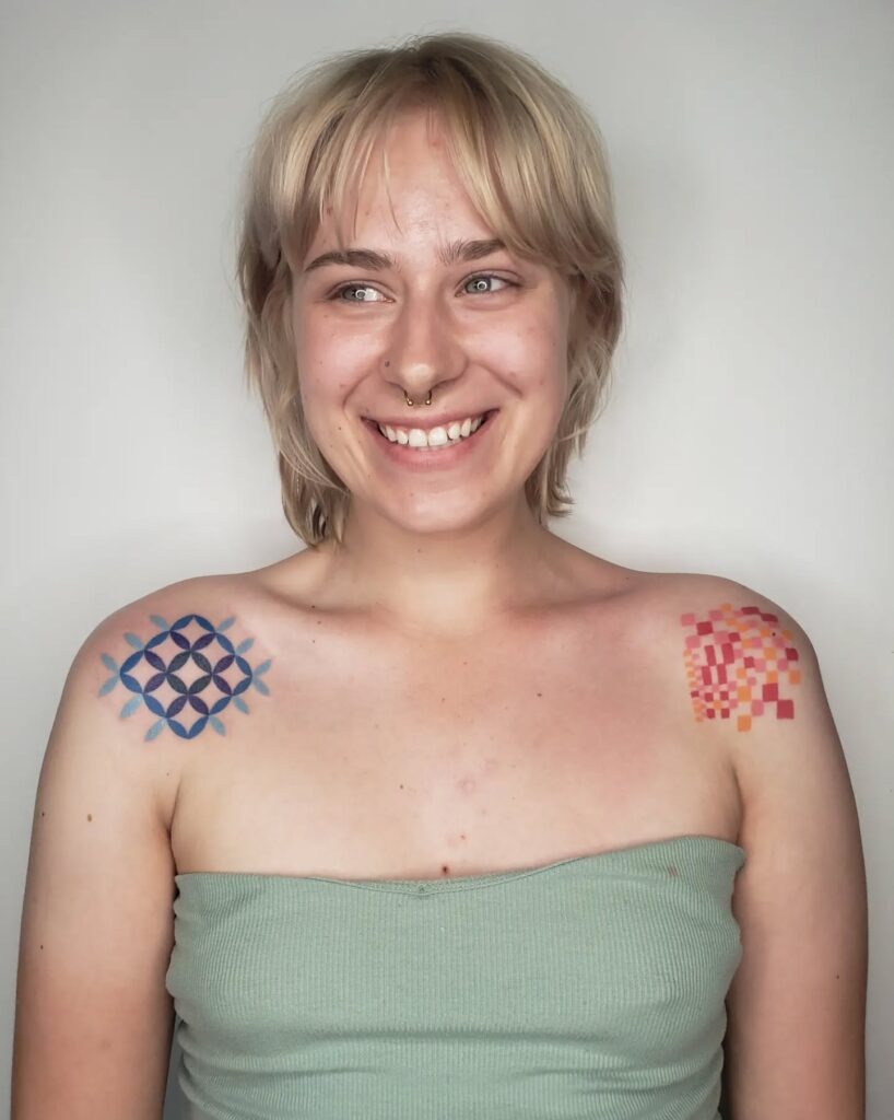 Dual Shoulder Geometric Color Stick and Poke Tattoos Tattoo Design