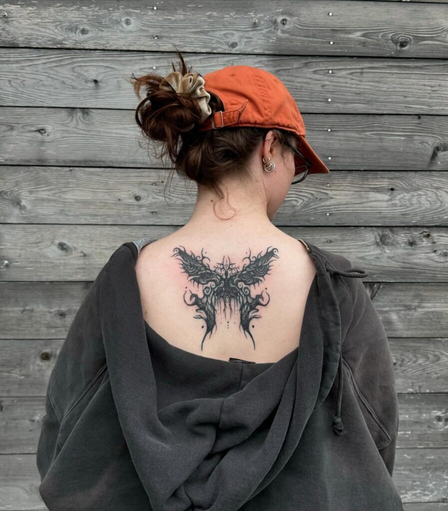 Gothic Butterfly Back Stick & Poke Tattoo Tattoo Design