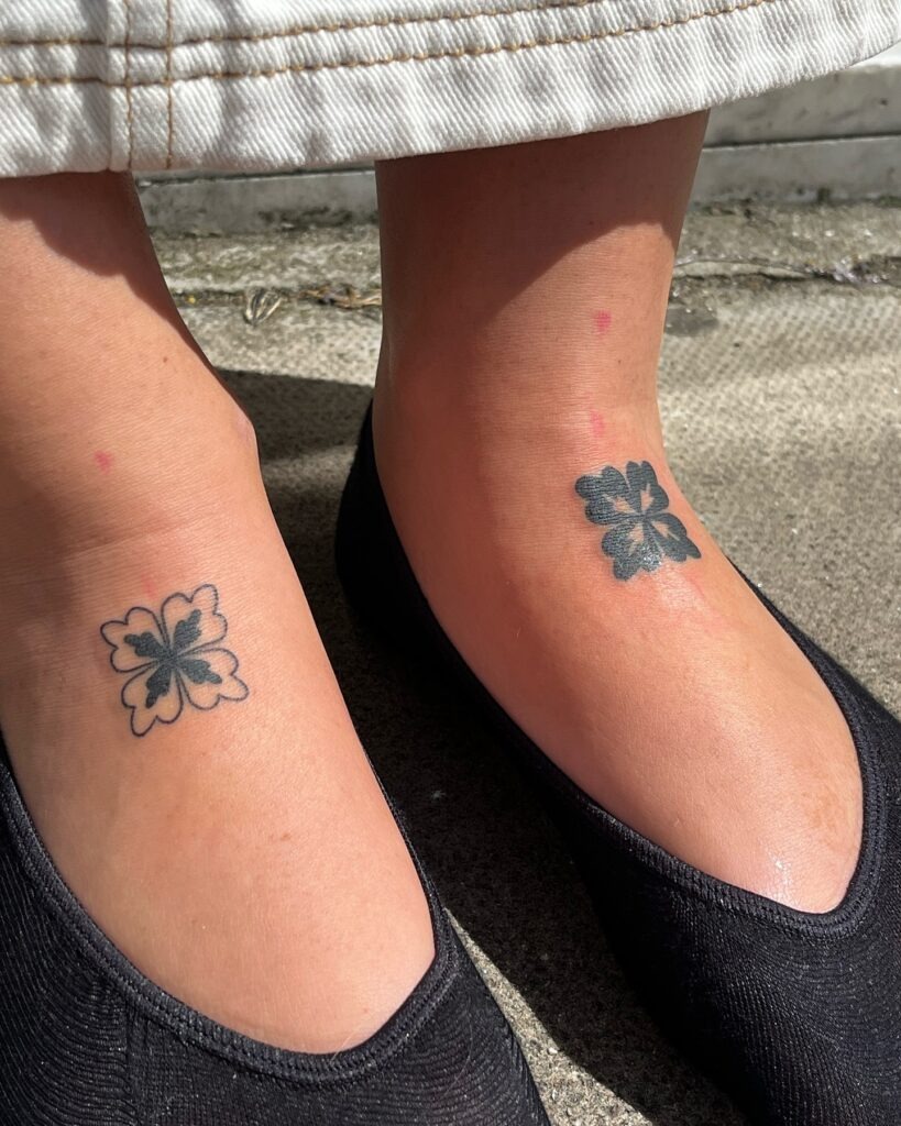 Matching Clover-Inspired Ankle Stick and Poke Tattoos Tattoo Design