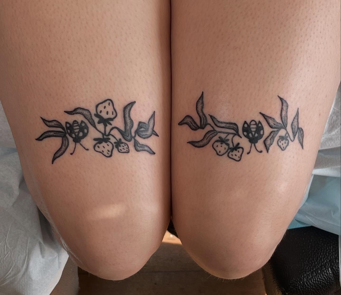 Matching Strawberry and Bug Stick and Poke Knee Tattoos Tattoo Design