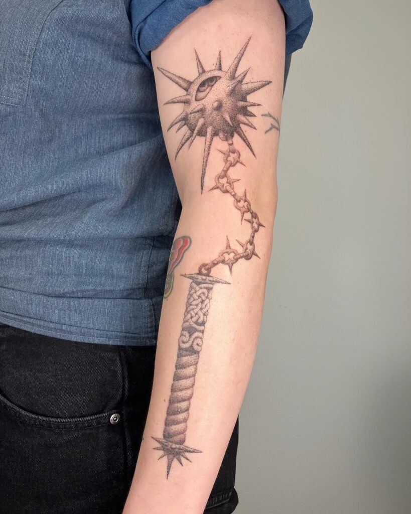 Spiked Morning Star and Eye Stick and Poke Tattoo Tattoo Design