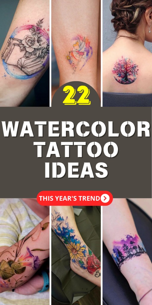 This tattoo features a heart composed of various flowers, each petal bursting with rich, saturated colors against a backdrop of watercolor splashes.