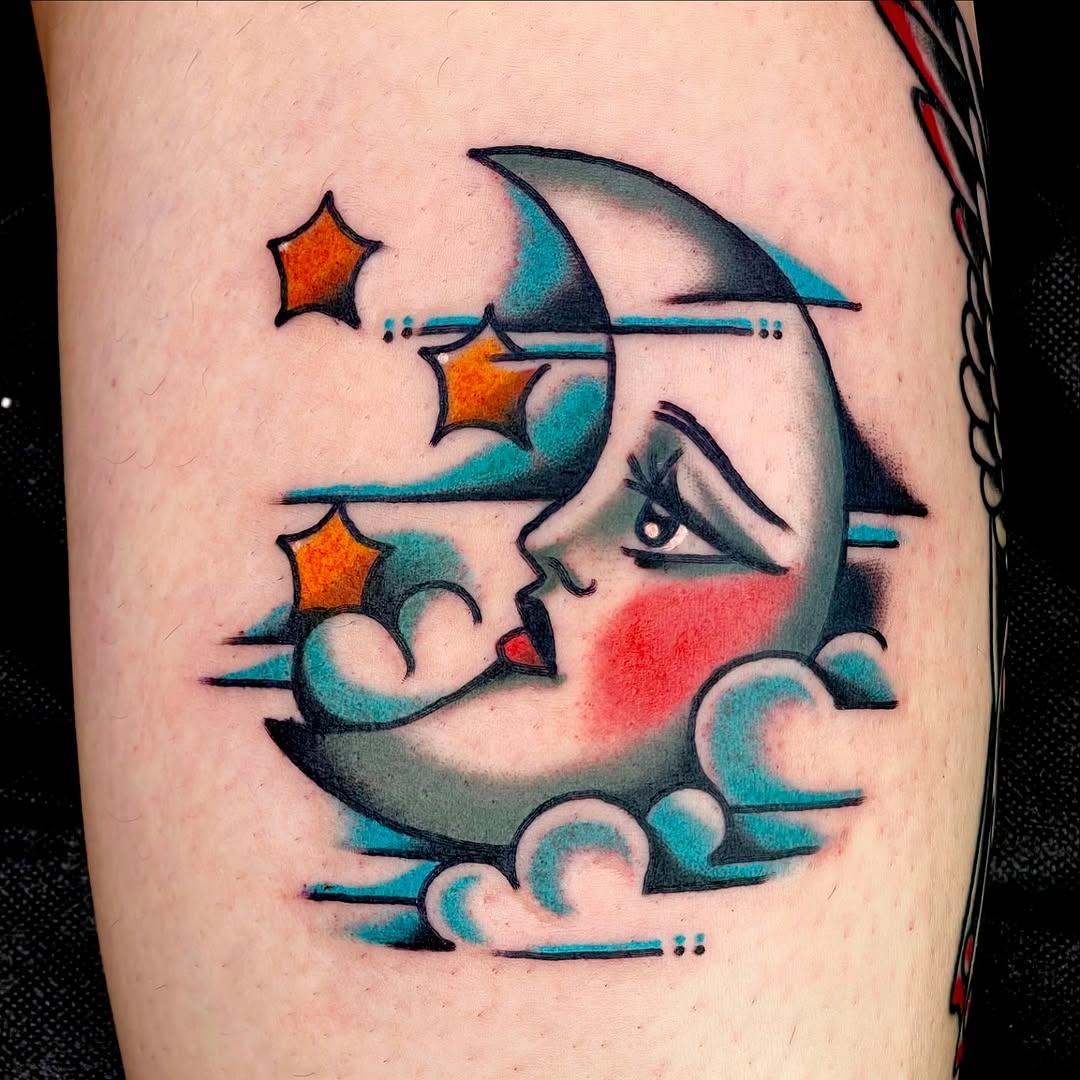Artistic crescent moon with stars and clouds Tattoo Design