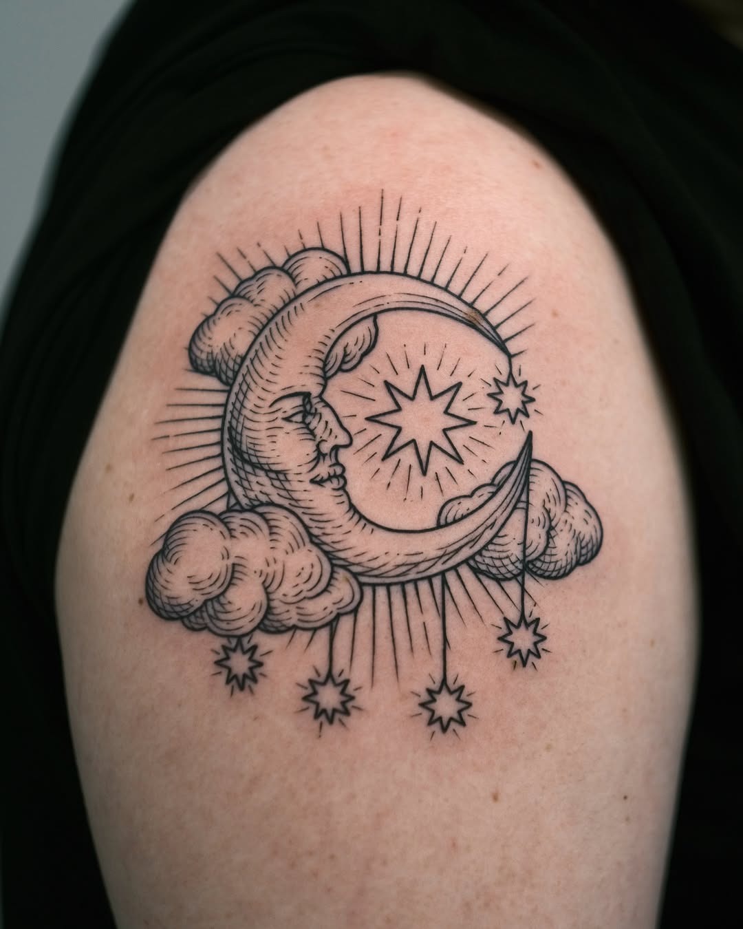 Detailed crescent moon tattoo with celestial elements Tattoo Design
