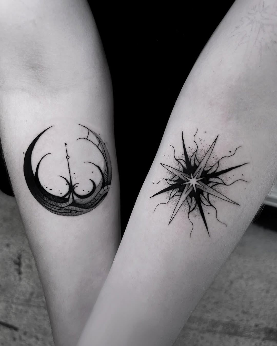 Elegant crescent moon and star tattoo design Tattoo Design