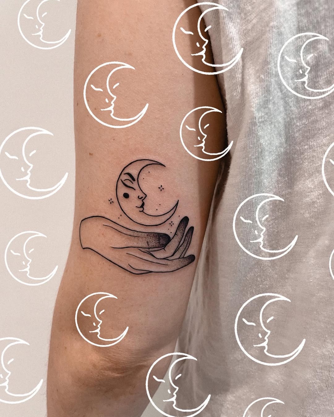 Elegant crescent moon tattoo with hands and face Tattoo Design