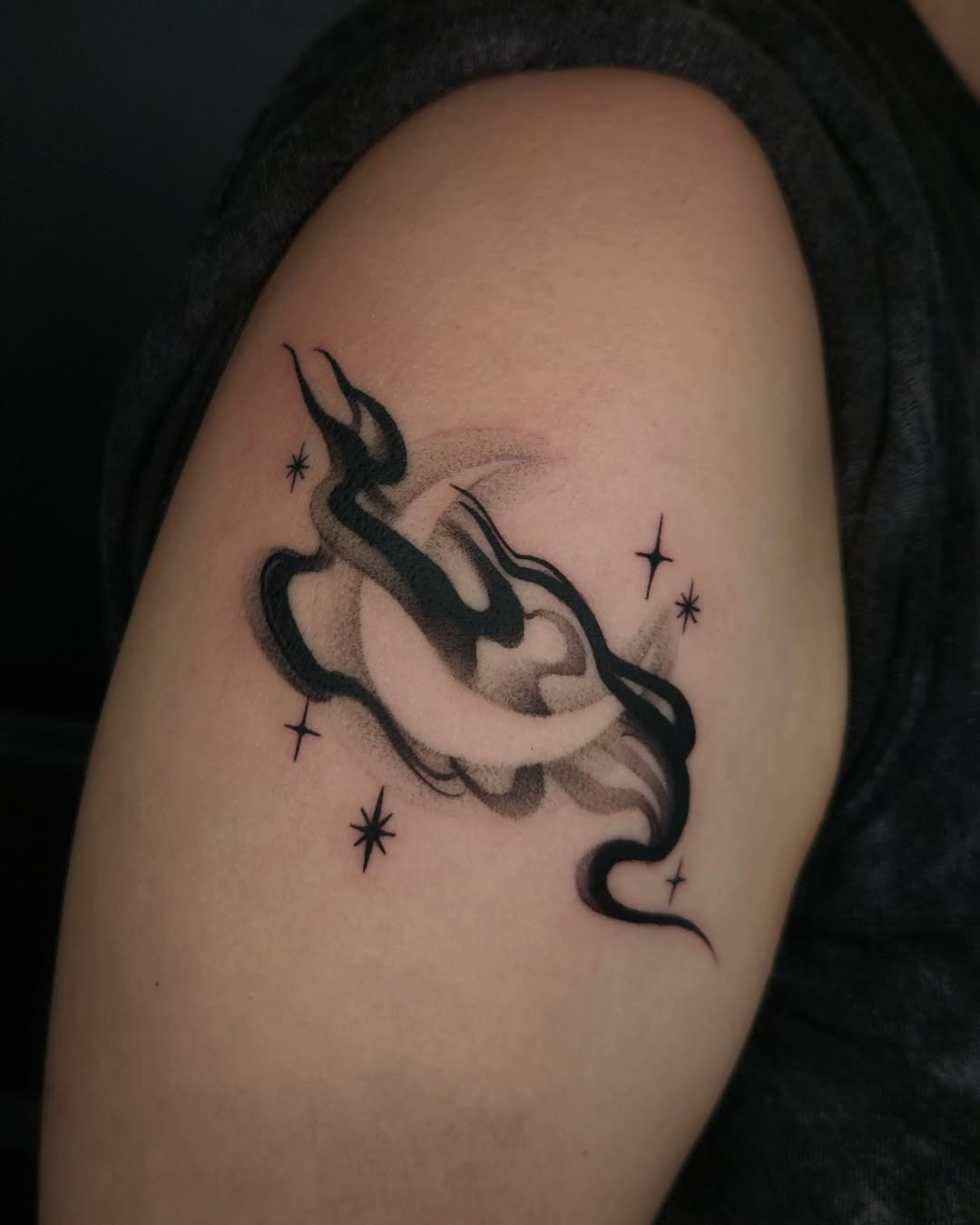 Stylish crescent moon with smoke and stars Tattoo Design