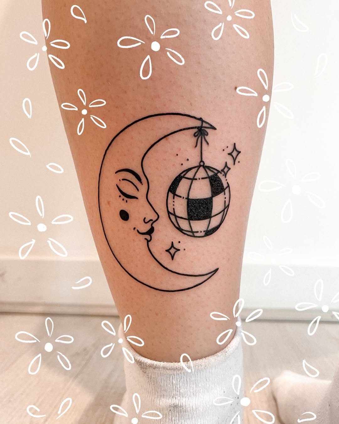 Whimsical crescent moon and disco ball tattoo Tattoo Design