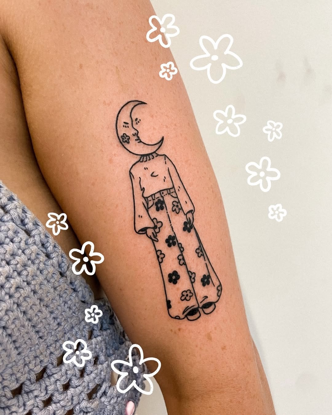Whimsical crescent moon tattoo with floral vibes Tattoo Design