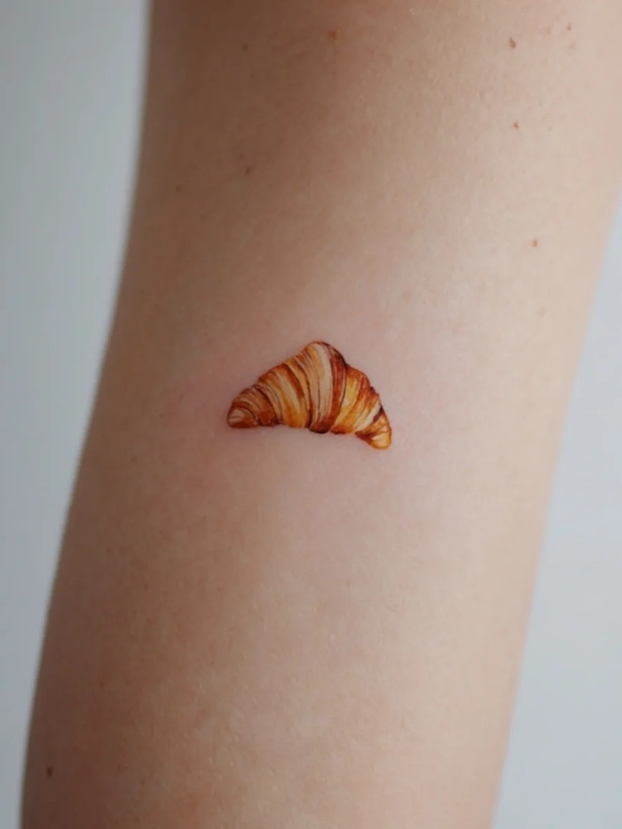This delightful croissant tattoo features a small, intricately detailed design that captures the essence of this beloved pastry.