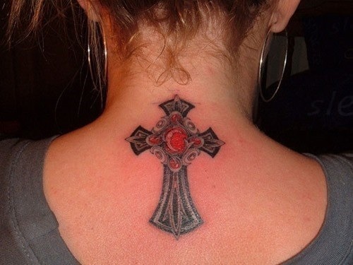 Awesome cross tattoo on girl’s neck Tattoo Design