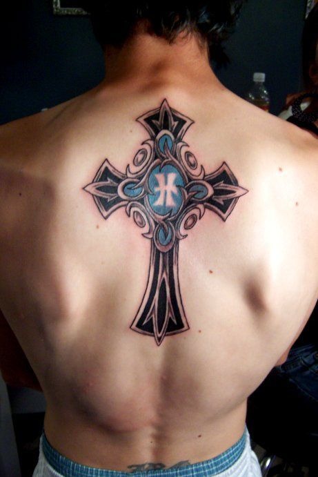 Black and Blue Cross Back Tattoo Cross Tattoo Tattoo Design
