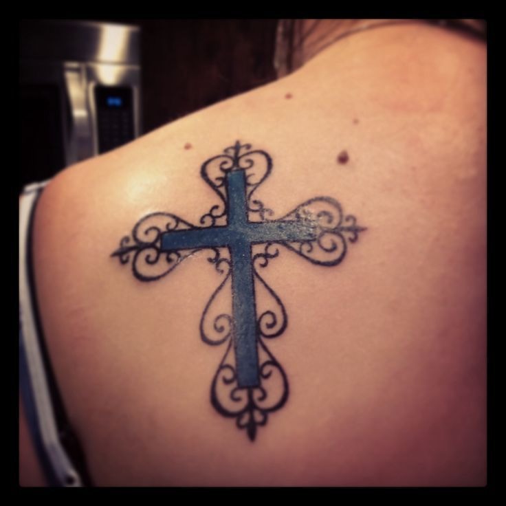Dainty Blue Framed Cross Tattoo Design