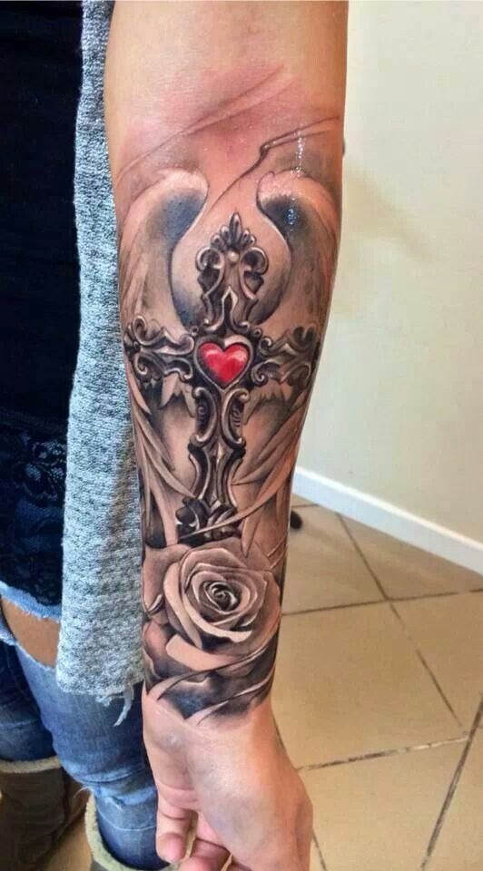 Red Heart and Rose Winged-Cross Tattoo Tattoo Design