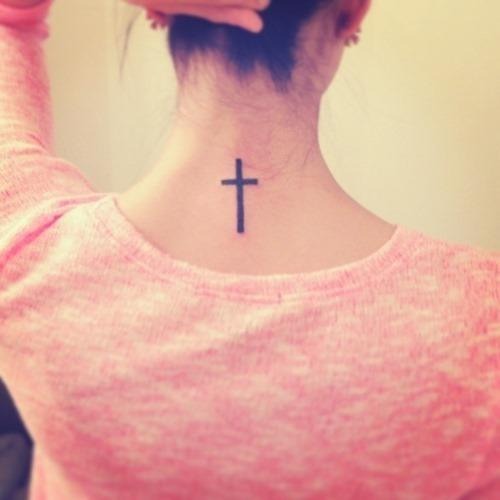 Simple black cross tattoo on girl’s neck Tattoo Design