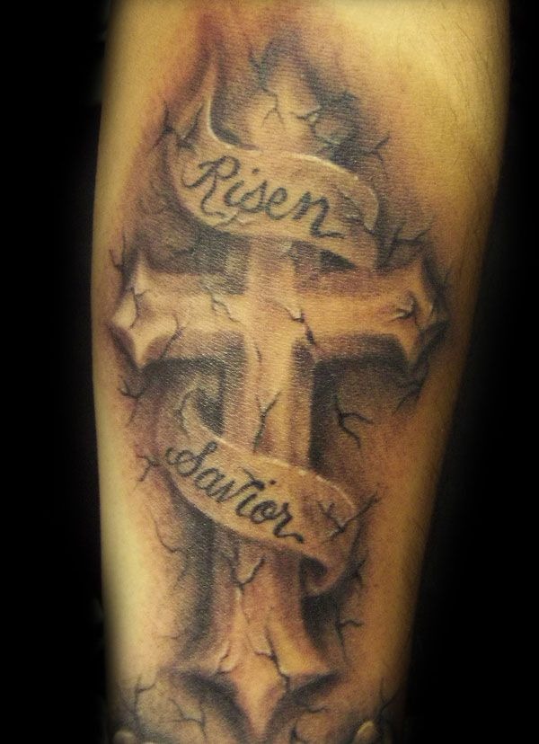 Stone Cross 3D Leg Tattoo Tattoo Design
