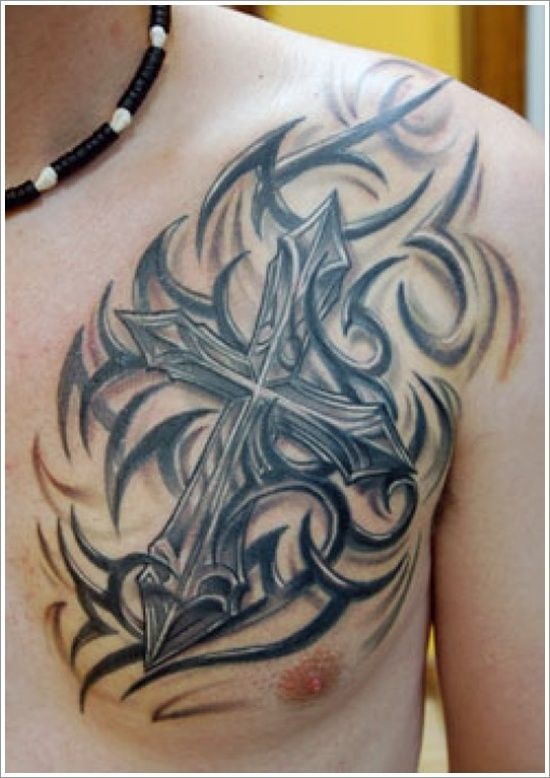 Stylish Tribal Cross Chest Tattoo Tattoo Design