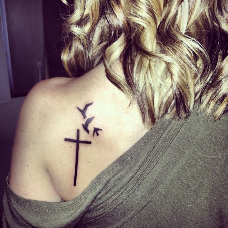 Three Flying Birds and Cross Shoulder Tattoo Tattoo Design