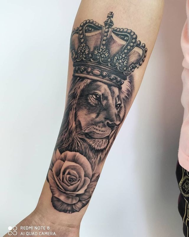 Crown and Compass Tattoo with Blue Roses Tattoo Design