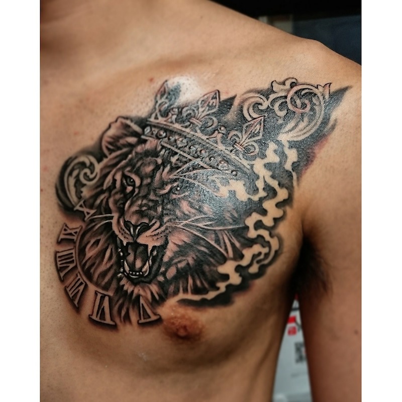 Lion King Ink with Botanical Details Tattoo Design