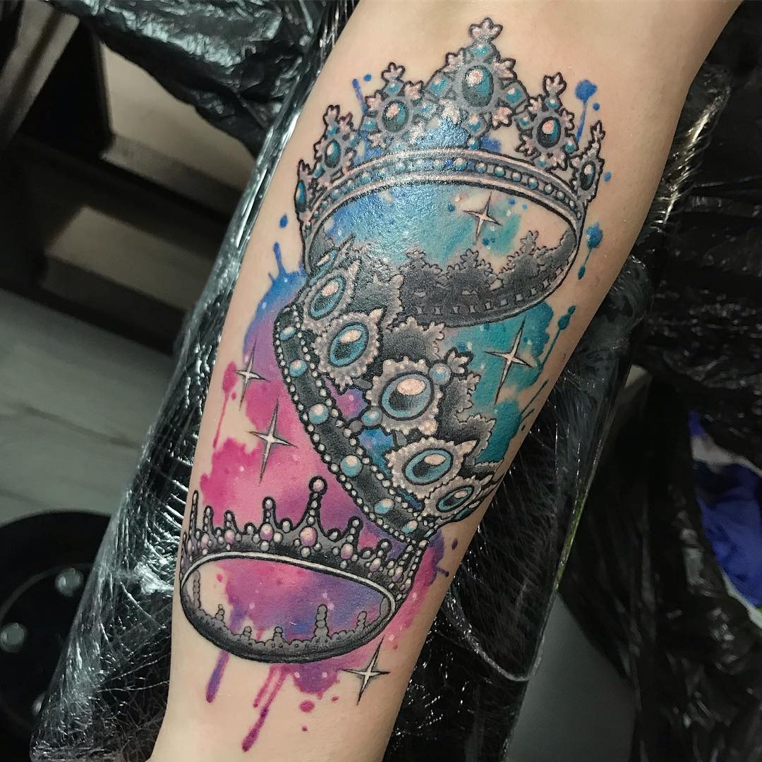 Medieval Crown with Red Ribbon and Cross Tattoo Design