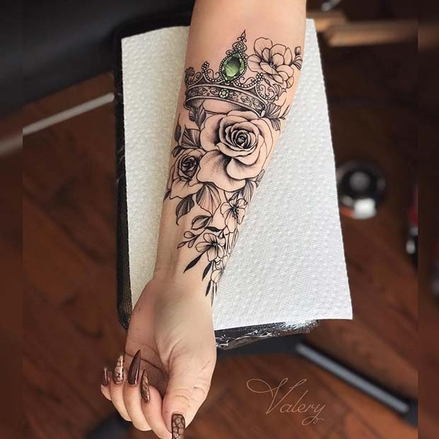 Royal Blue Crown with Pink Roses Tattoo Design