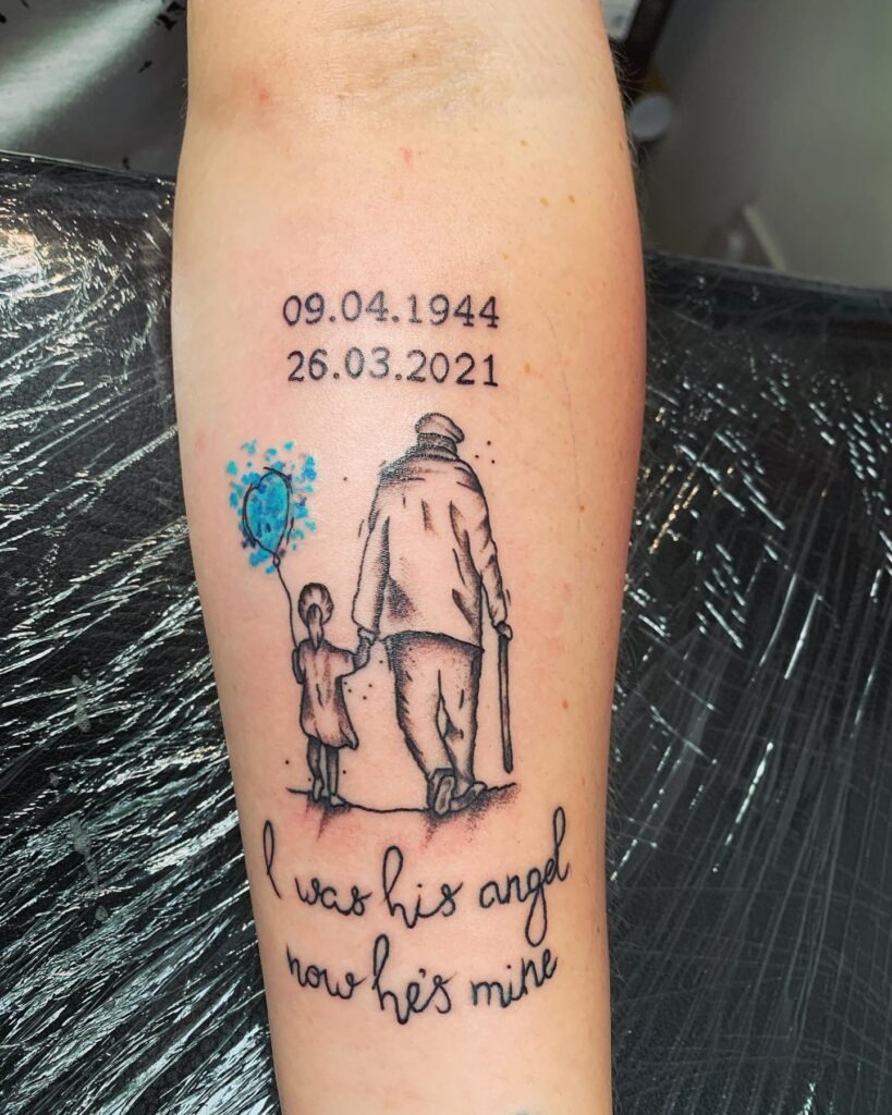 Angel Dad Memorial Tattoo with Dates and Silhouette Tattoo Design