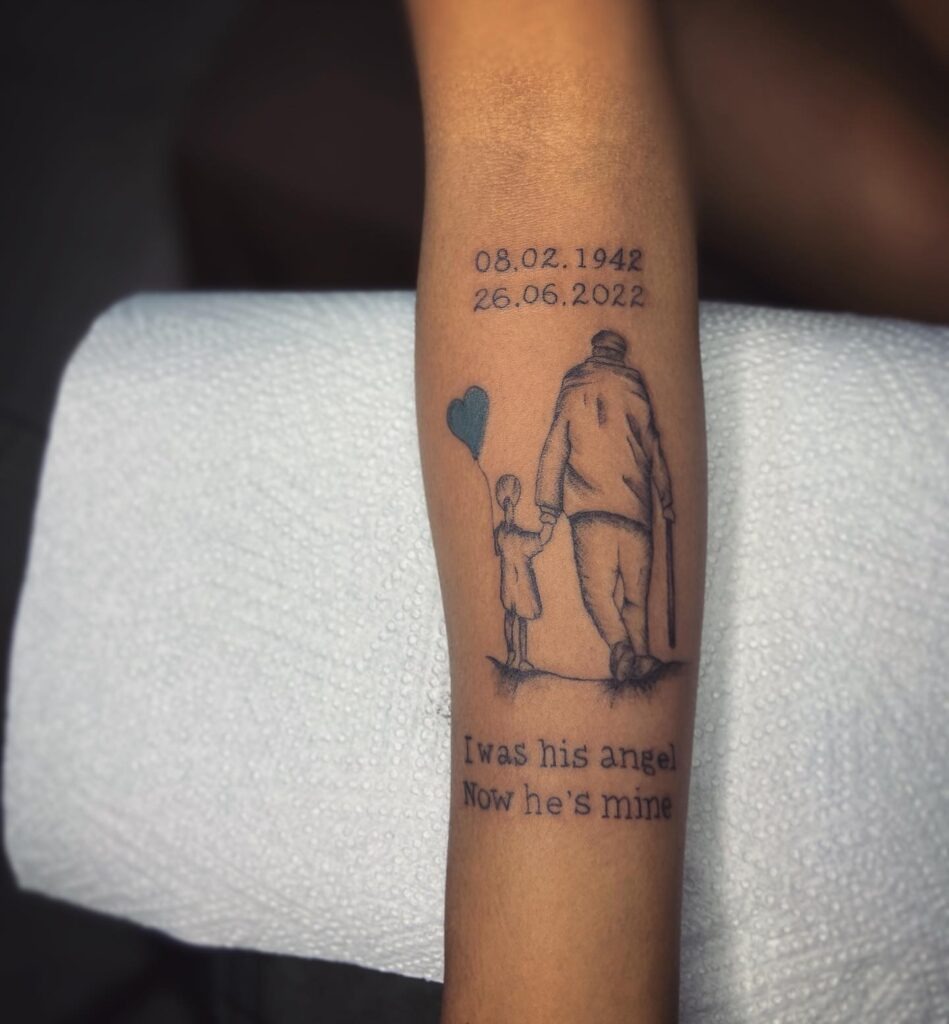 Flying Dove Memorial Tattoo with Tribute Quote and Dates Tattoo Design