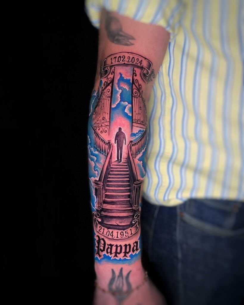 Holding Hands Dad Memorial Tattoo with Birthdate Tattoo Design