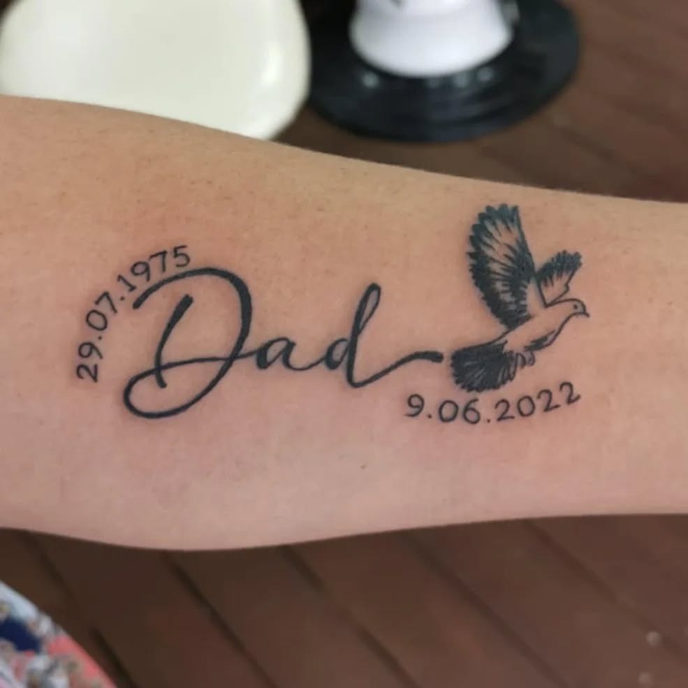 Script Dad Tattoo with Soaring Bird Tattoo Design