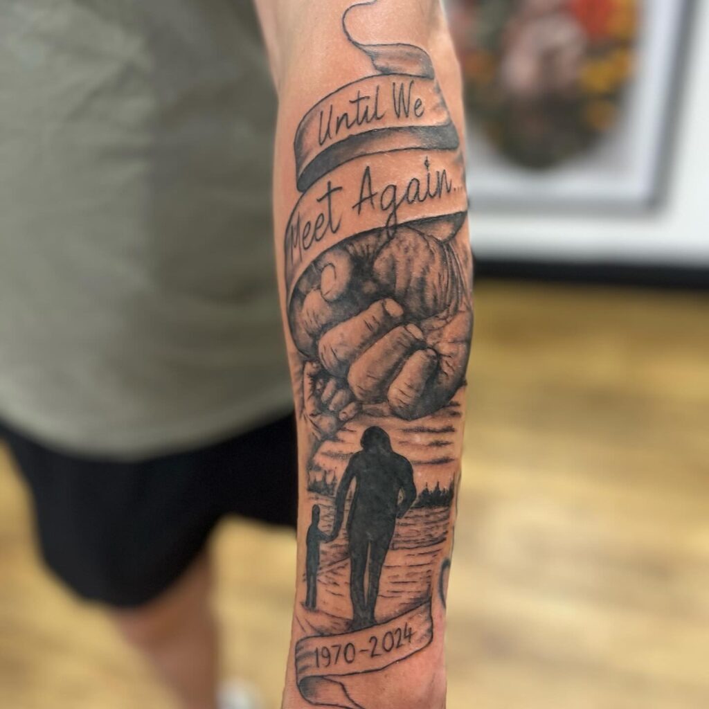 Simple Hand Tattoo with “Dad” and Red Heart Tattoo Design