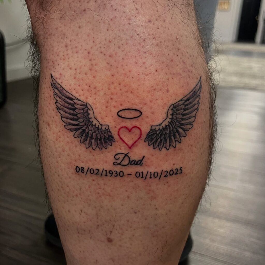 Winged Dad Tattoo with Birthdate Tattoo Design