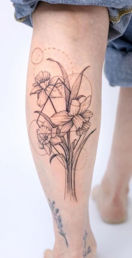 Abstract Fine Line Daffodil Bouquet Tattoo Design