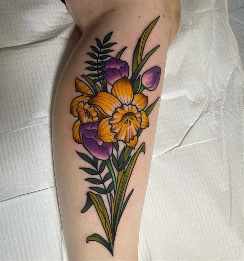 Bold Daffodil and Purple Tulip Bouquet Tattoo Design