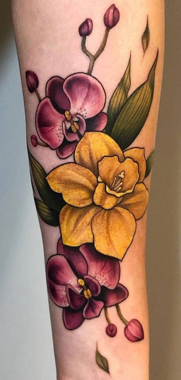 Daffodil and Orchid Color Bouquet Tattoo Design