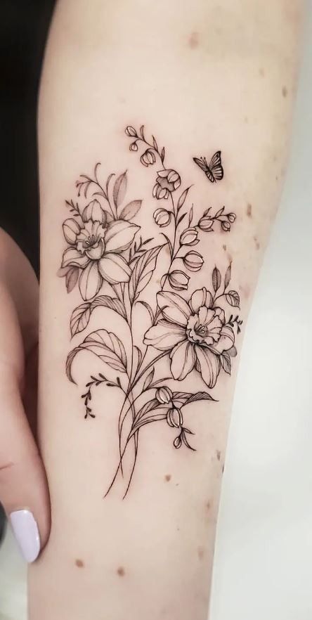 Daffodil Wildflower Bouquet With Butterfly Tattoo Design