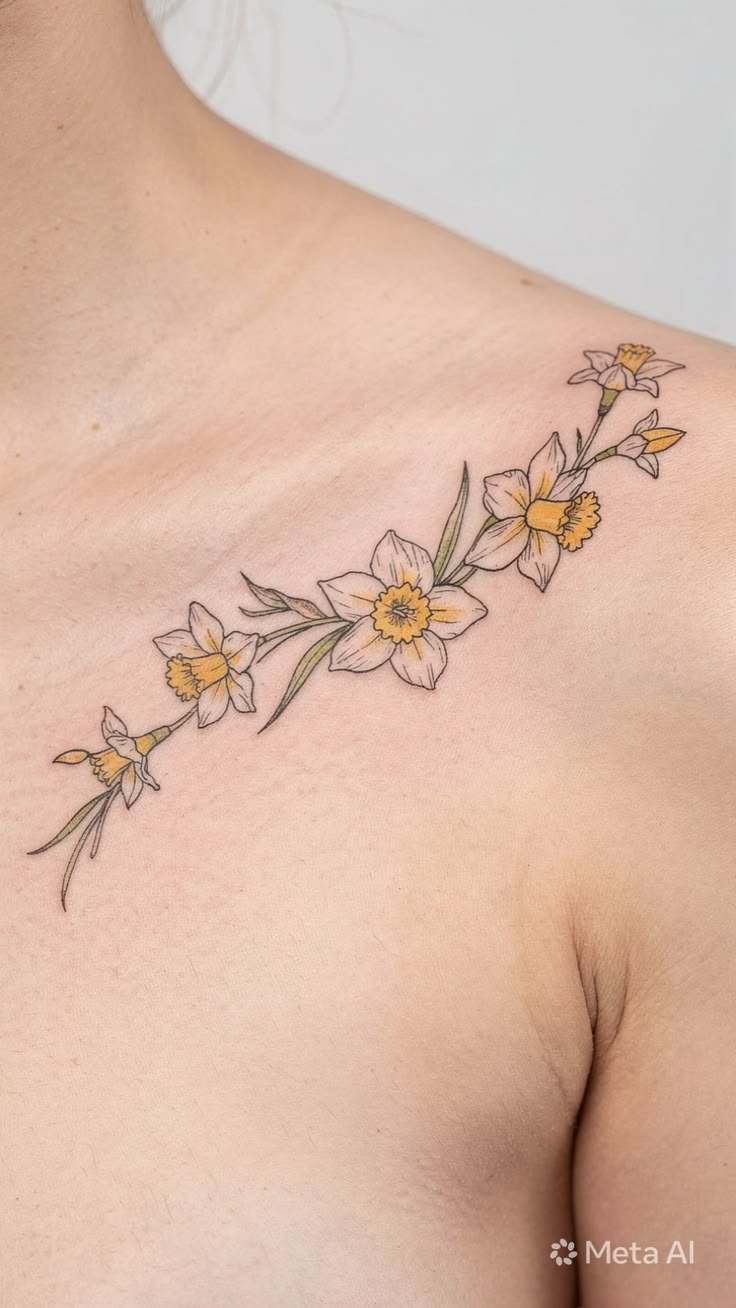 Fine Line Daffodil Collarbone Garland Tattoo Design